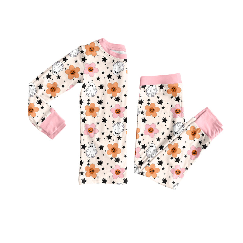 Preorder (moq 5)Baby Girls Ghost Flowers Top Pant Halloween Pajamas Set