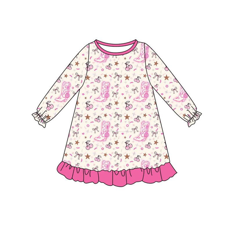 Preorder (moq 5)Baby Girls Pink Boots Cheers Ruffle Knee Length Dresses