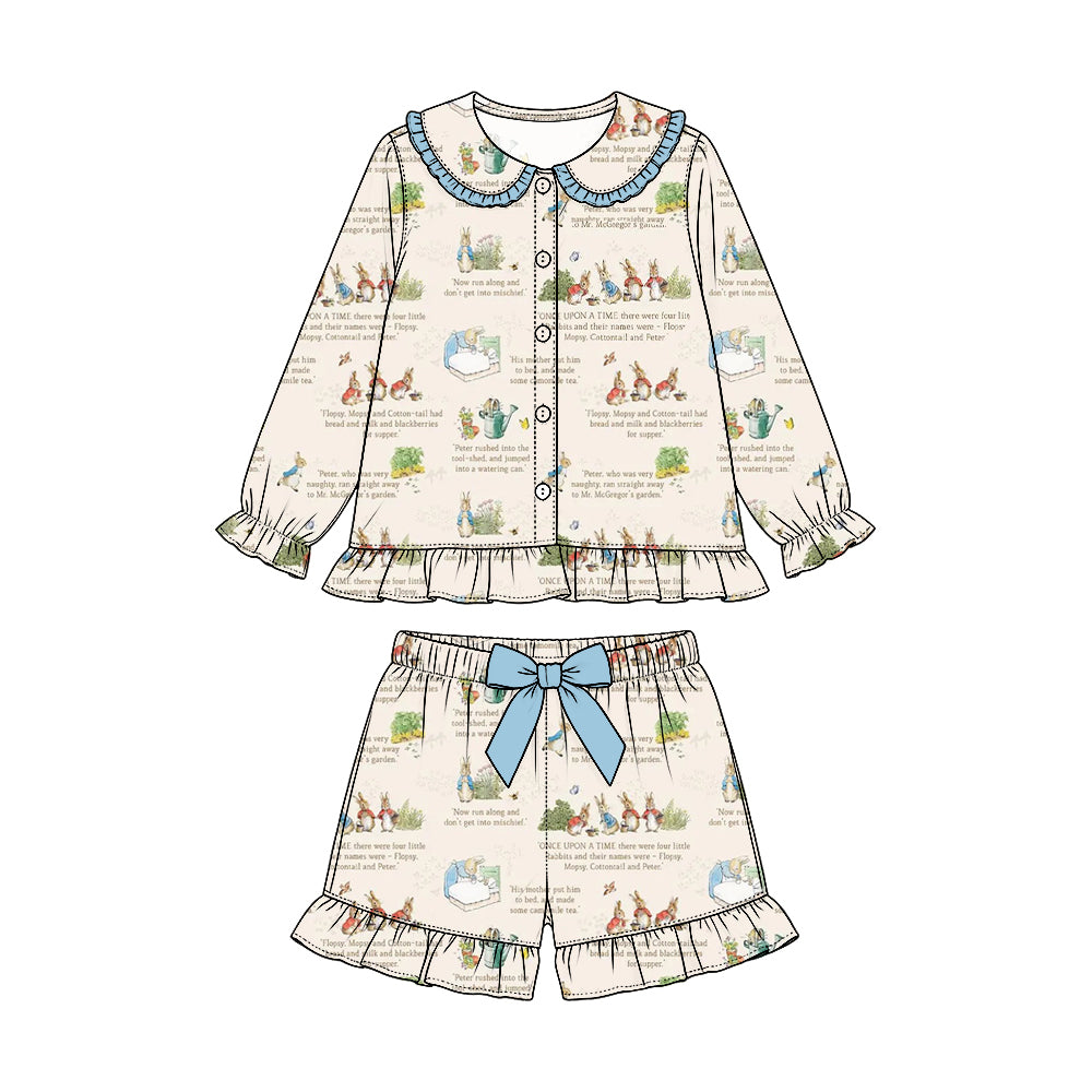 Preorder (moq 5) Baby Girl Clothes Vintage Bunny Book Text Mixed Print Long Sleeve Button Shorts Pajama Set