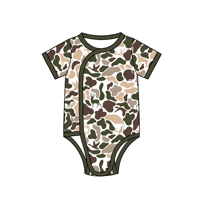 Preorder (moq 5) Baby Boy Clothes Wildlife Deer Turkey Camo Print Short Sleeve Side Snap Romper