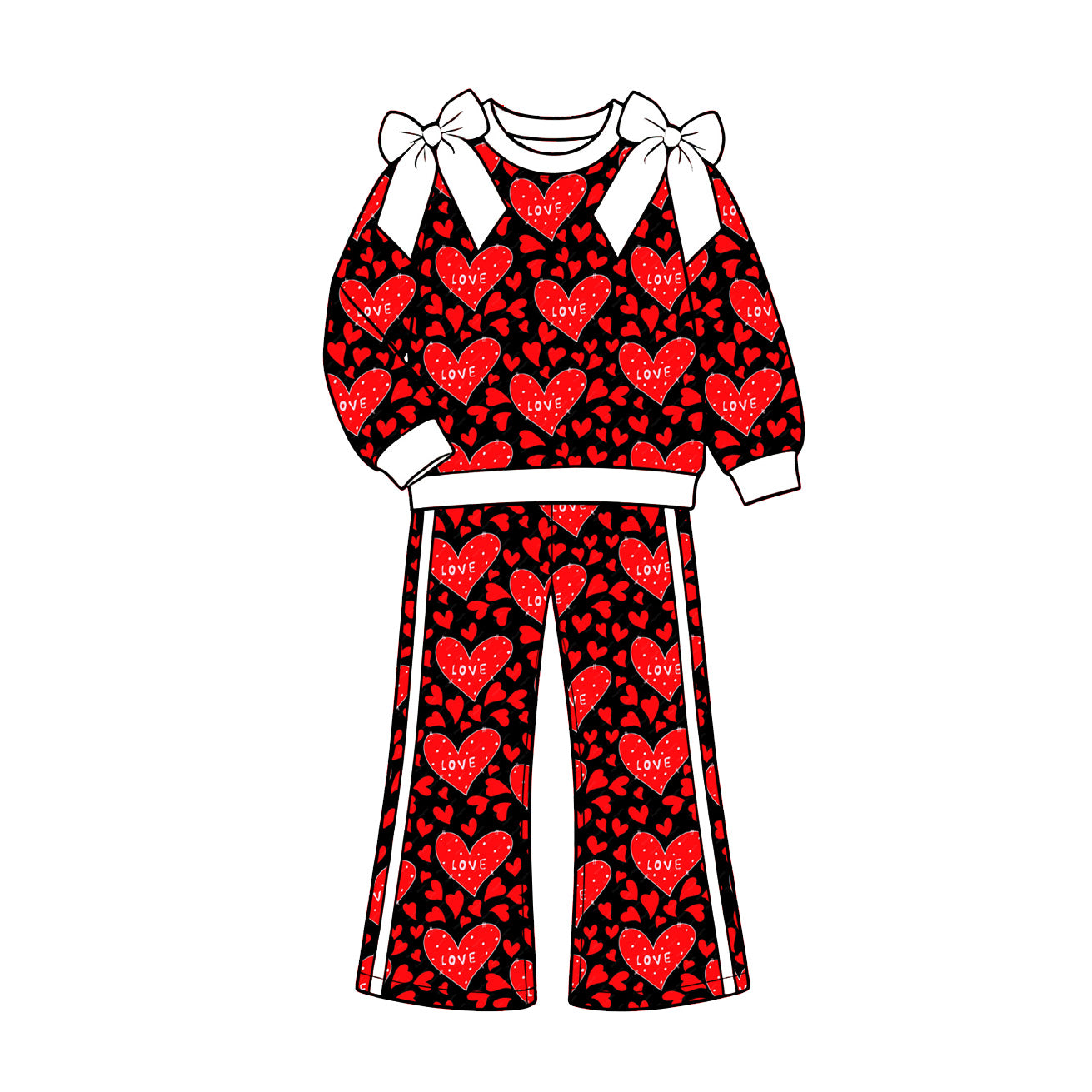 Preorder (moq 5) Girls’ Fall Valentine’s Day Black & Red Heart Bow Crewneck Long-Sleeve Sweatshirt & Wide-Leg Pants Set