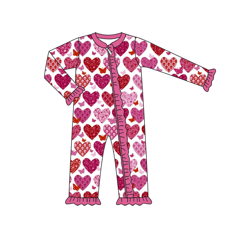 Preorder (moq 5) Baby Girl Clothes Valentine Lace Heart Butterfly Print Long Sleeve Zipper Ruffle Romper