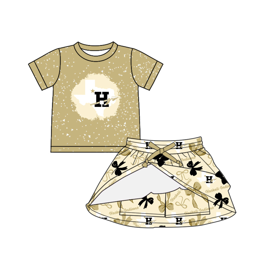 Preorder (moq 5)Baby Girls Short Sleeves Haskell Indians Top Bows Plaid Skorts Team Set