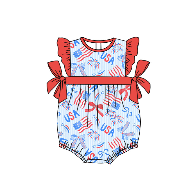 Preorder moq 5 Baby Girls Red Flutter Sleeves Flags Firework 4th Of July Ruffle Rompers
