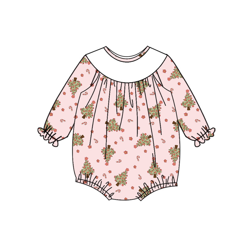 Preorder (moq 5)Baby Girls Long Sleeves Pink Flowers Trees Plaid Ruffle Romper