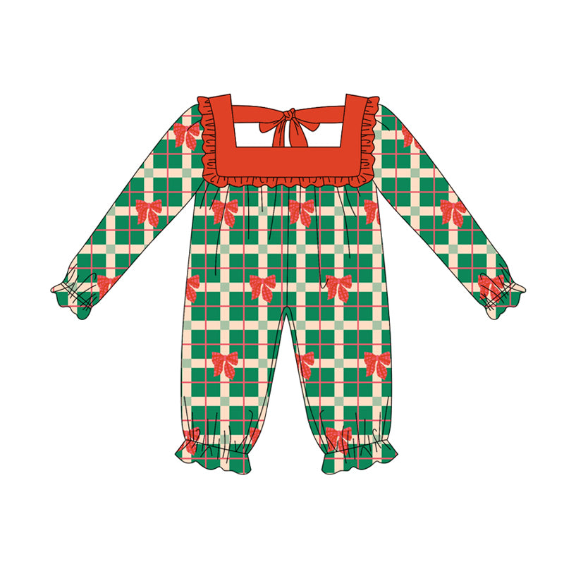 Preorder (moq 5)Baby Girls Long Ruffle Sleeves Green Plaid Red Bows Rompers