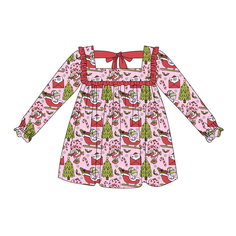 Preorder (moq 5)Baby Girls Pink Long Ruffle Sleeves Candy Cane Trees Knee Length Dresses