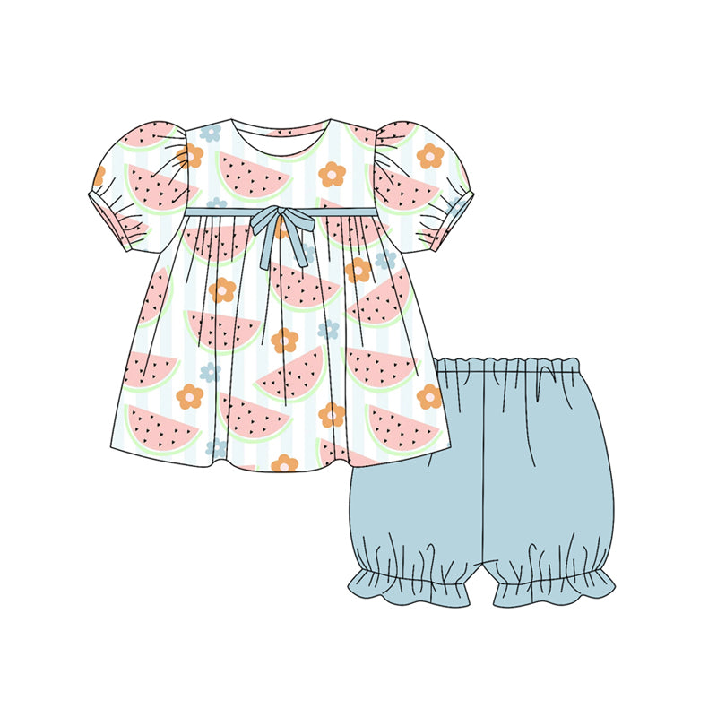 Preorder (moq 5)Baby Girls Blue Short Ruffle Sleeves Watermelons Flowers Tunic Shorts Set