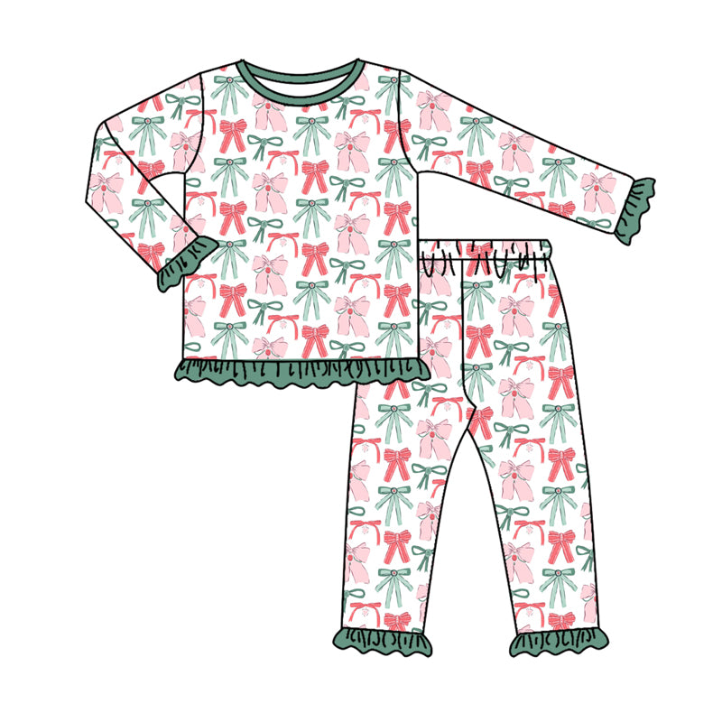 Preorder (moq 5)Baby Girls Long Sleeves Green Red Bows Plaid Top Ruffle Pant Pajamas Clothes Set