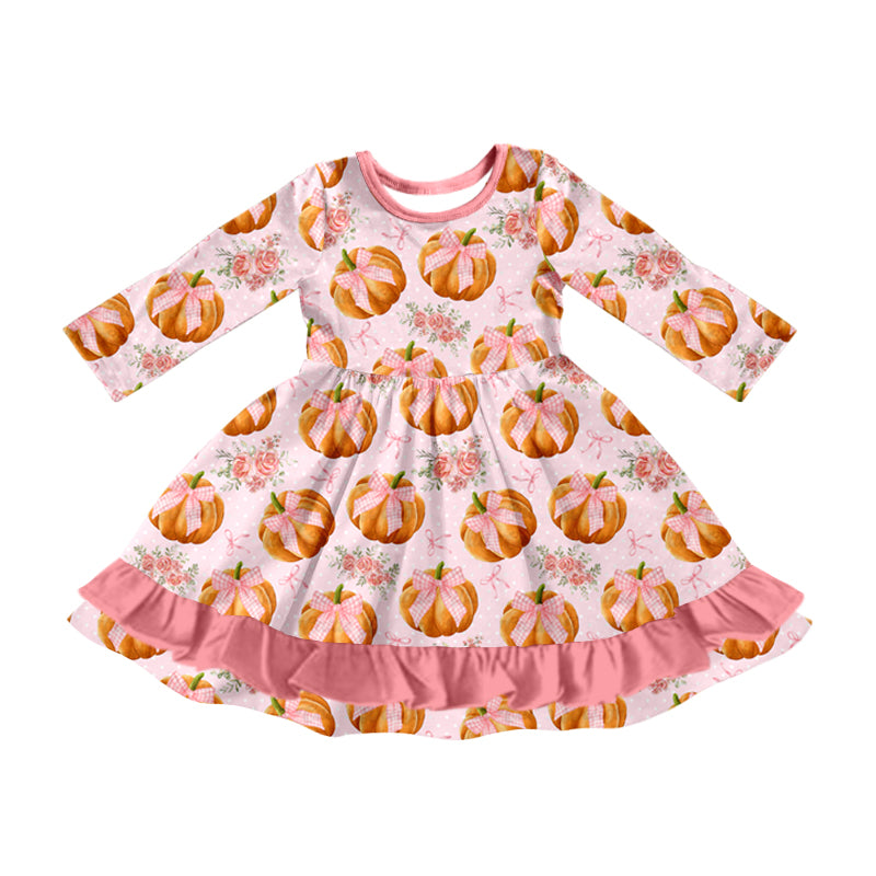 Preorder (moq 5)Baby Girls Long Sleeves Pink Flowers Pumpkins Plaid Ruffle Knee Length Dresses