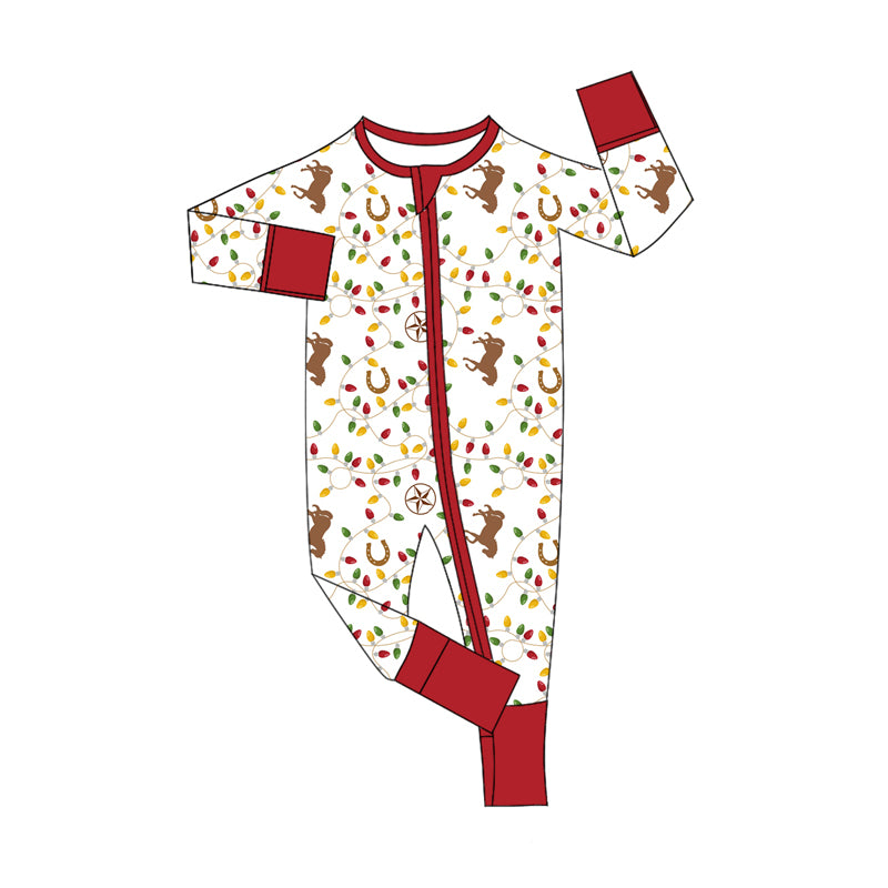 Preorder (moq 5)Baby Girls Red Long Sleeves Horse Lights Plaid Zipper Pant Rompers