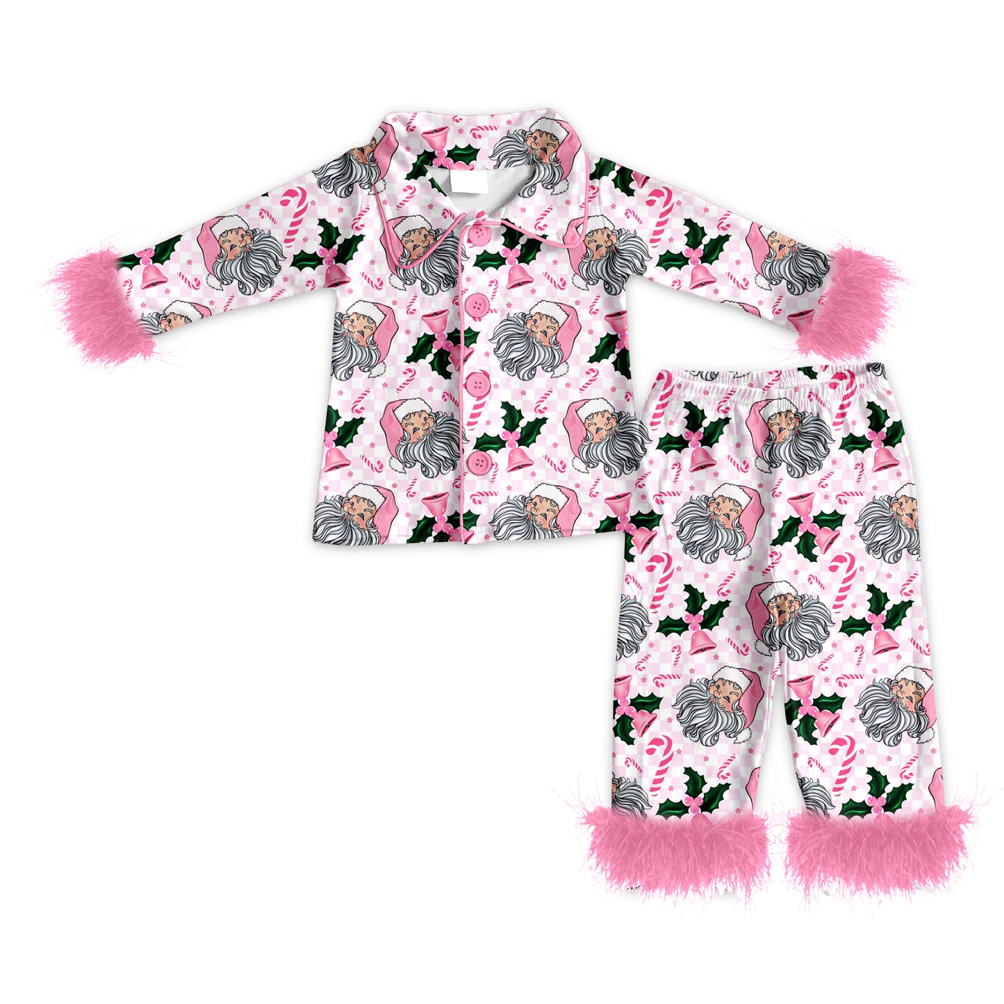 Preorder (moq 5)Baby Girls Long Sleeves With Belt Pink Candy Cane Santa Top Pant Pajamas Sets