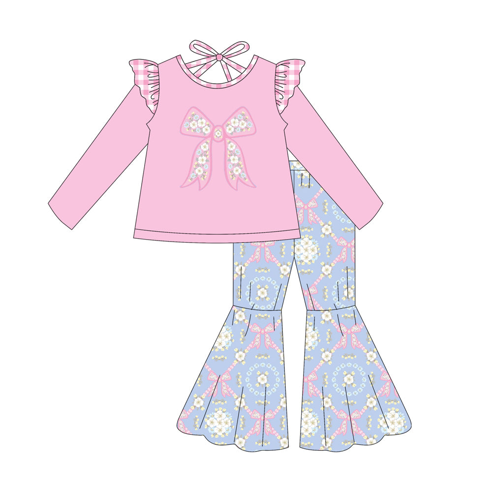 Preorder (moq 5)Baby Girls Flower Bows Top Bell Bottom Pants Clothes Set