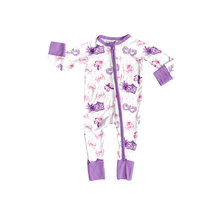 Preorder(moq 8)Baby Girls Bows Masks Polka Dots Mardigras Zipper Footie Rompers