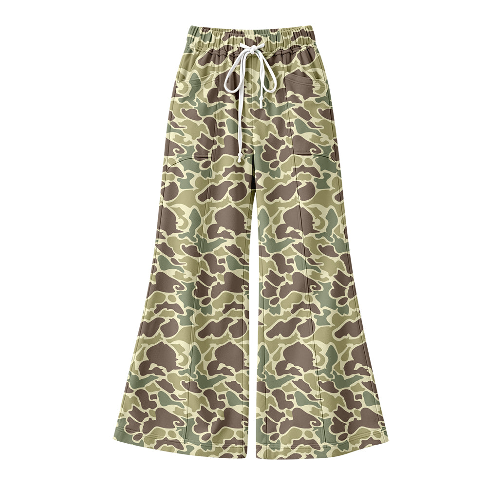 Preorder (moq 5) Baby Girl Clothes Sage Green Cow Camo Print No Sleeve Flare Bell Bottom Pant
