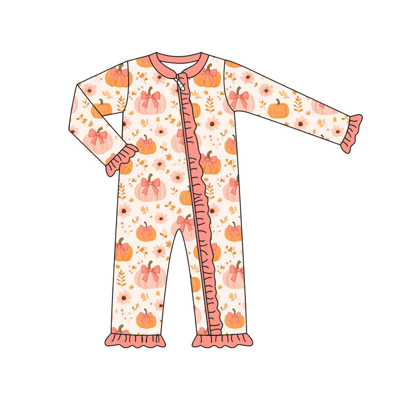Preorder (moq 5)Baby Girls Long Sleeves Bows Pumpkins Flowers Ruffle Zipper Romper