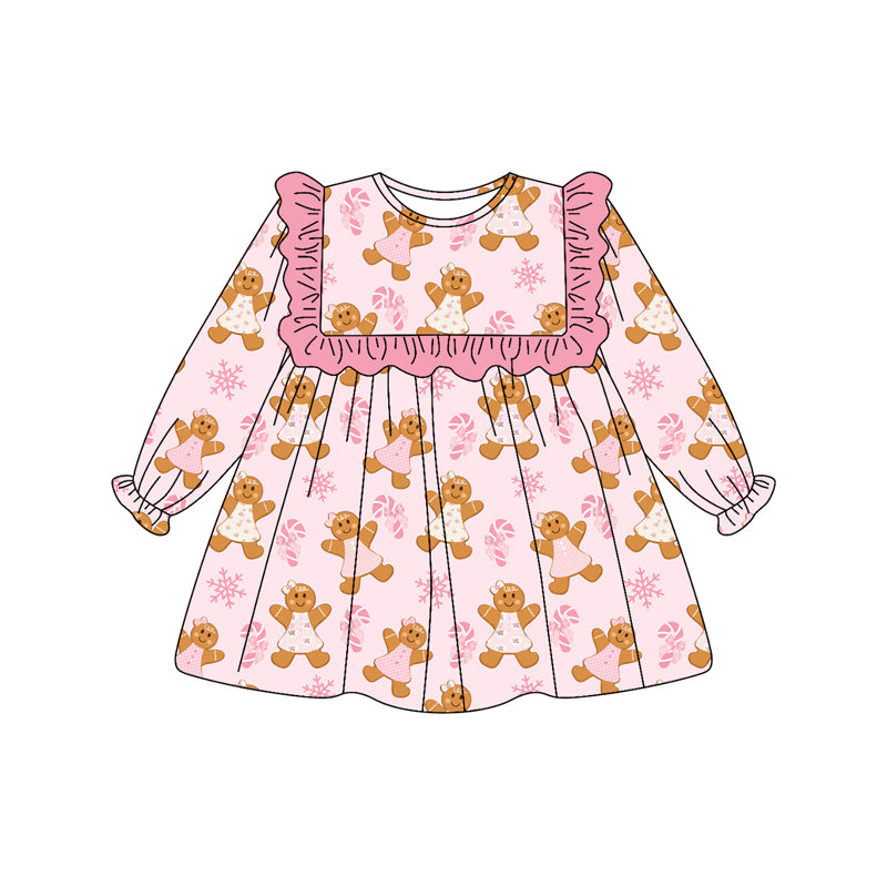 Preorder (moq 5)Baby Girls Long Ruffle Sleeves Pink Bows Gingerbread Knee Length Dress