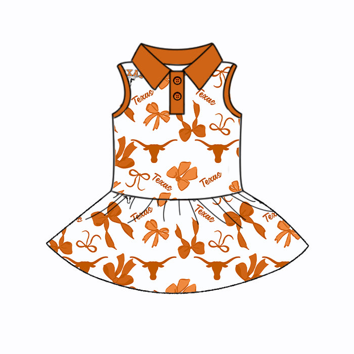 Preorder (moq 5)Baby Girls Orange Sleeveless TEXAS Bows Plaid Button Team Knee Length Dresses