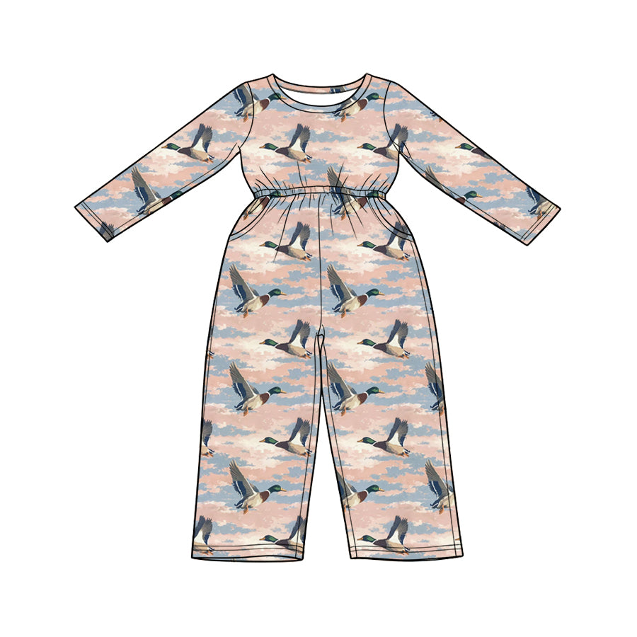 Preorder (moq 5) Baby Girl Clothes Mallard Duck Sky Camo Print Long Sleeve Jumpsuit