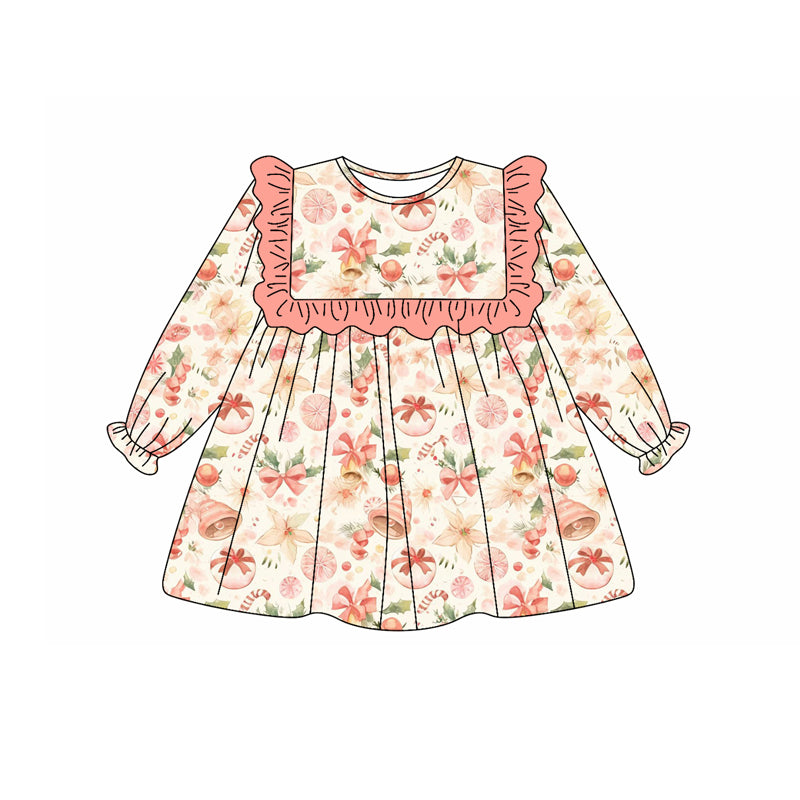 Preorder (moq 5)Baby Girls Long Ruffle Sleeves Flowers Pumpkins Knee Length Dresses