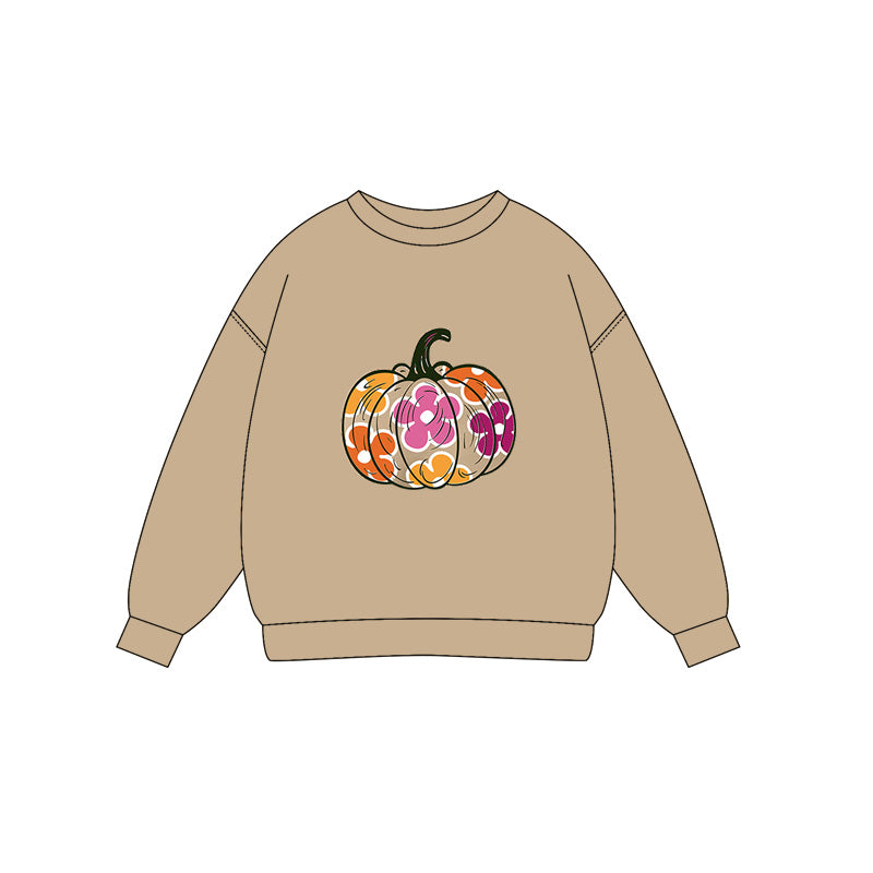 Preorder (moq 5)Baby Girls Khaki Long Sleeves Flowers Pumpkins Tee Shirts Top