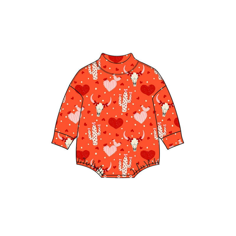Preorder moq 5 Baby Red Bull Head, Cactus & Heart All-Over Print Long-Sleeve Crew Neck Romper