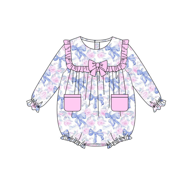 Preorder(moq 8)Baby Girls Flowers Bows Pockets Ruffle Rompers