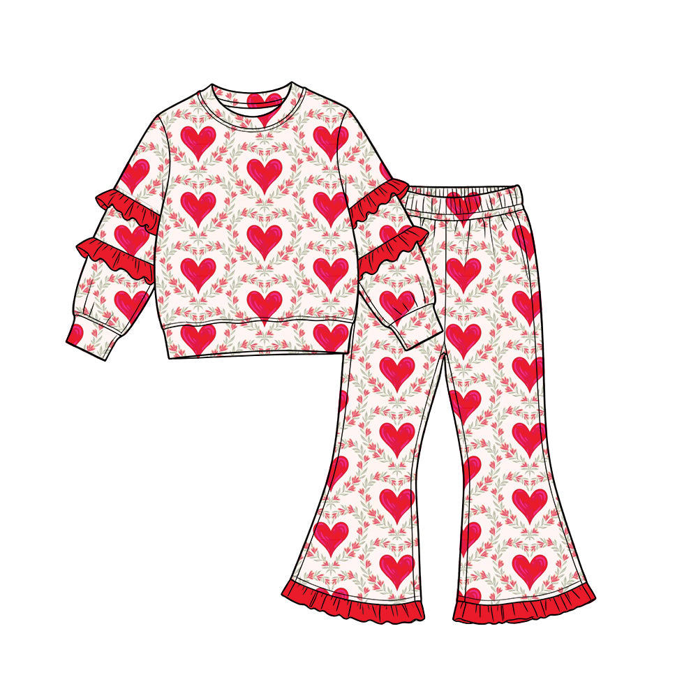 Preorder (moq 5) Baby Girl Clothes Red Heart Leaf Wreath Allover Print Long Sleeve Tiered Ruffle Top Ruffle Flare Pant Set