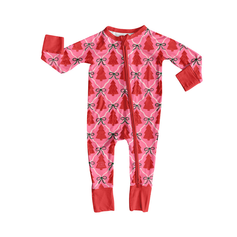 Preorder (moq 5)Baby Girls Red Long Sleeves Bows Trees Plaid Zipper Pant Rompers