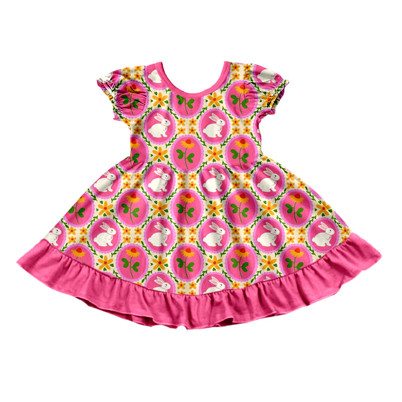 Preorder (moq 5) Baby Girl Clothes Easter Bunny Sunflower Circle Print Short Sleeve Ruffle Twirl Dress