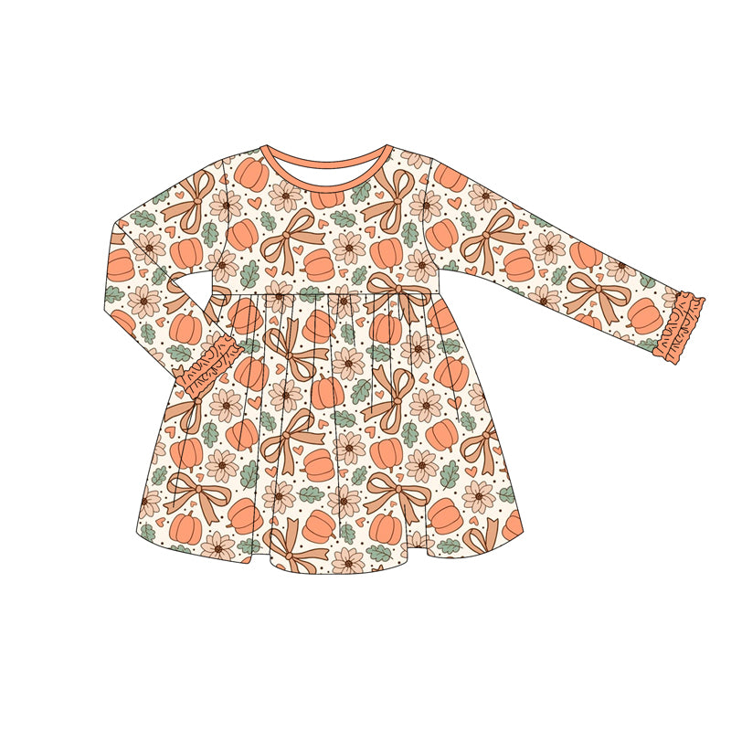 Preorder (moq 5)Baby Girls Long Ruffle Sleeves Bows Flowers Pumpkins Knee Length Dresses