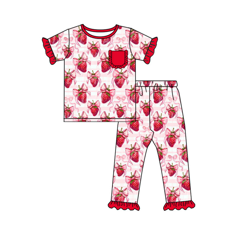 Preorder(moq 8)Baby Girls Pink Stripe Bows Strawberry Top Ruffle Pants Pajamas Sets