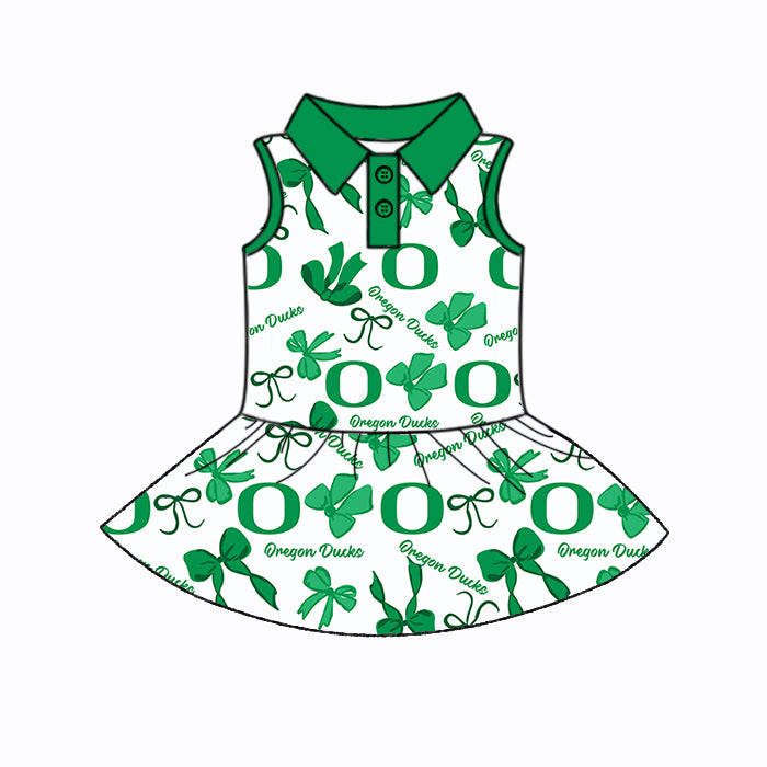 Preorder (moq 5)Baby Girls Green Sleeveless Bows Plaid Oregon Ducks Button Team Knee Length Dresses