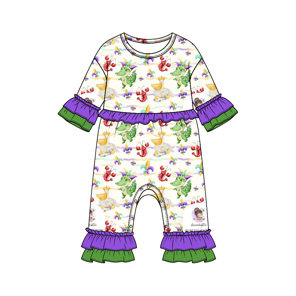 Preorder moq 5 Girls’ Mardi Gras Romper, Cute Dinosaur & Crawfish Print, Long-Sleeve Ruffle One-Piece, Festive Carnival Holiday Outfit