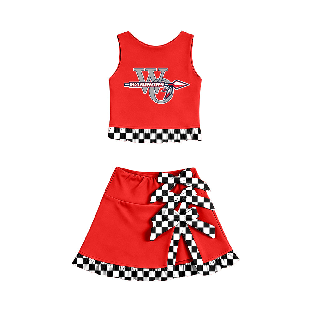 Preorder (moq 5)Baby Girls Warriors Vest Black Checked Bows Short Skirt Short Team Yoga Active Clothes Set