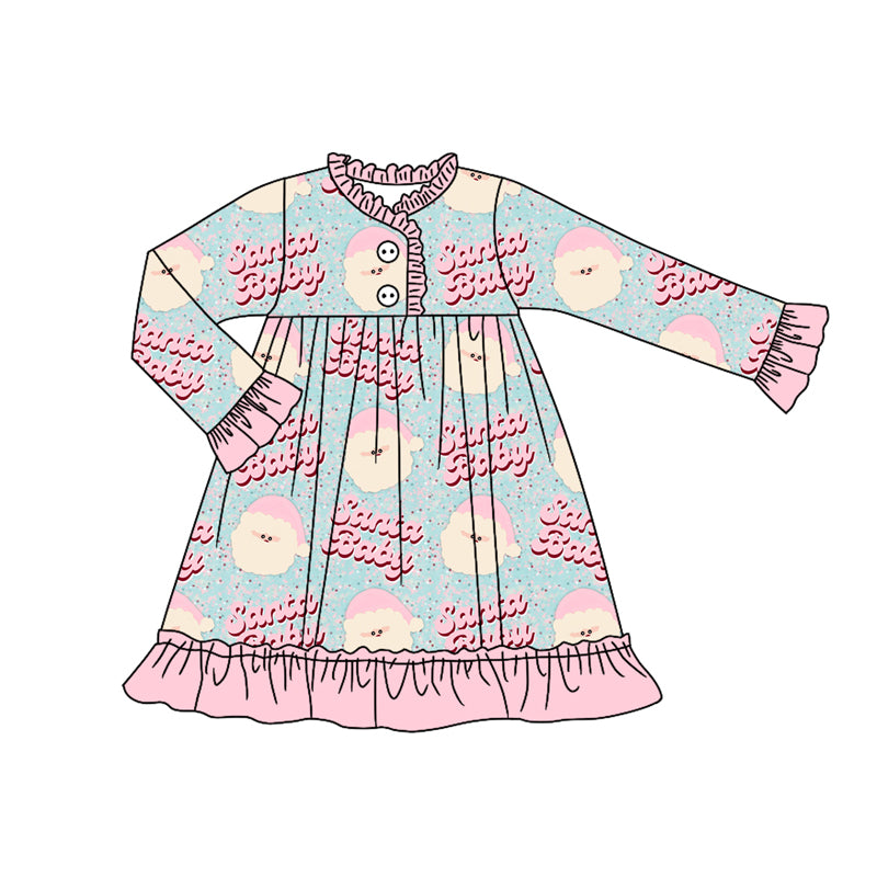 Preorder (moq 5)Baby Girls Long Ruffle Sleeves Pink Santa Babe Button Knee Length Dress