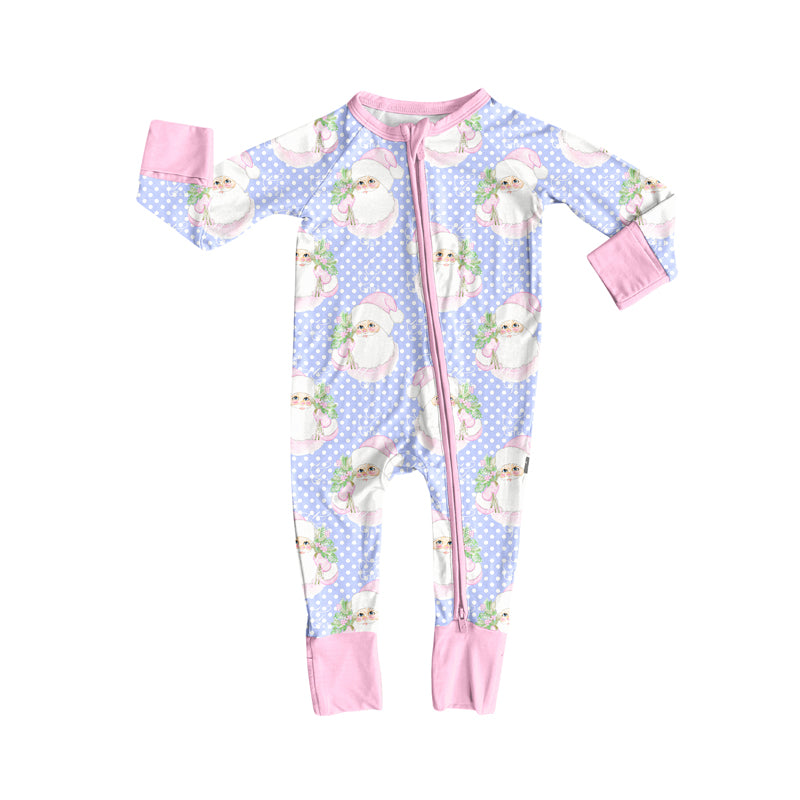 Preorder (moq 5)Baby Girls Long Sleeves Pink Polka Dots Santa Plaid Zipper Romper