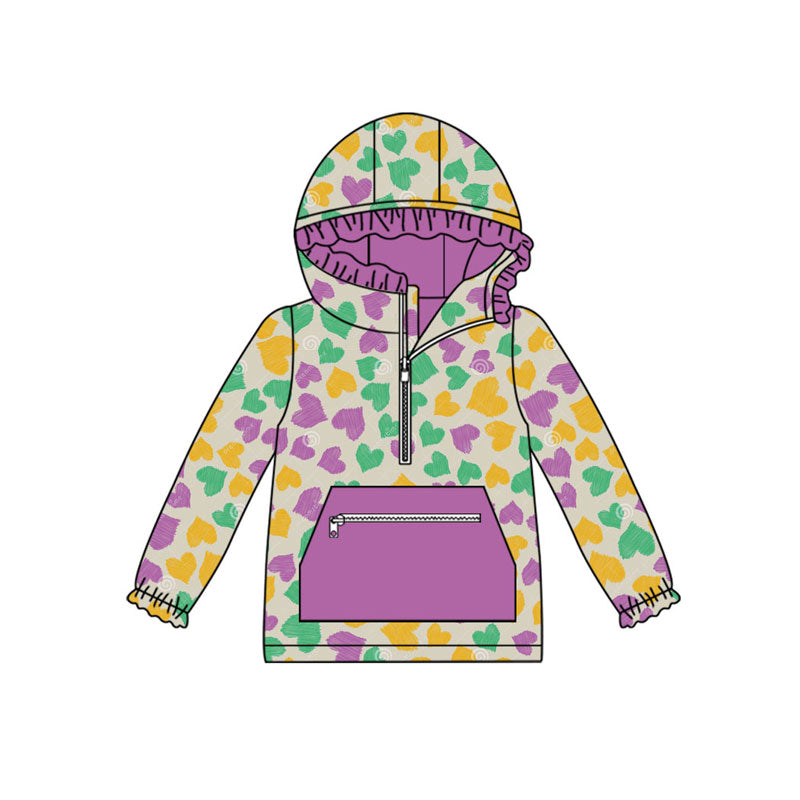 Preorder(moq 8)Baby Girls Mardigras Hearts Pocket Zipper Ruffle Hoodies Top