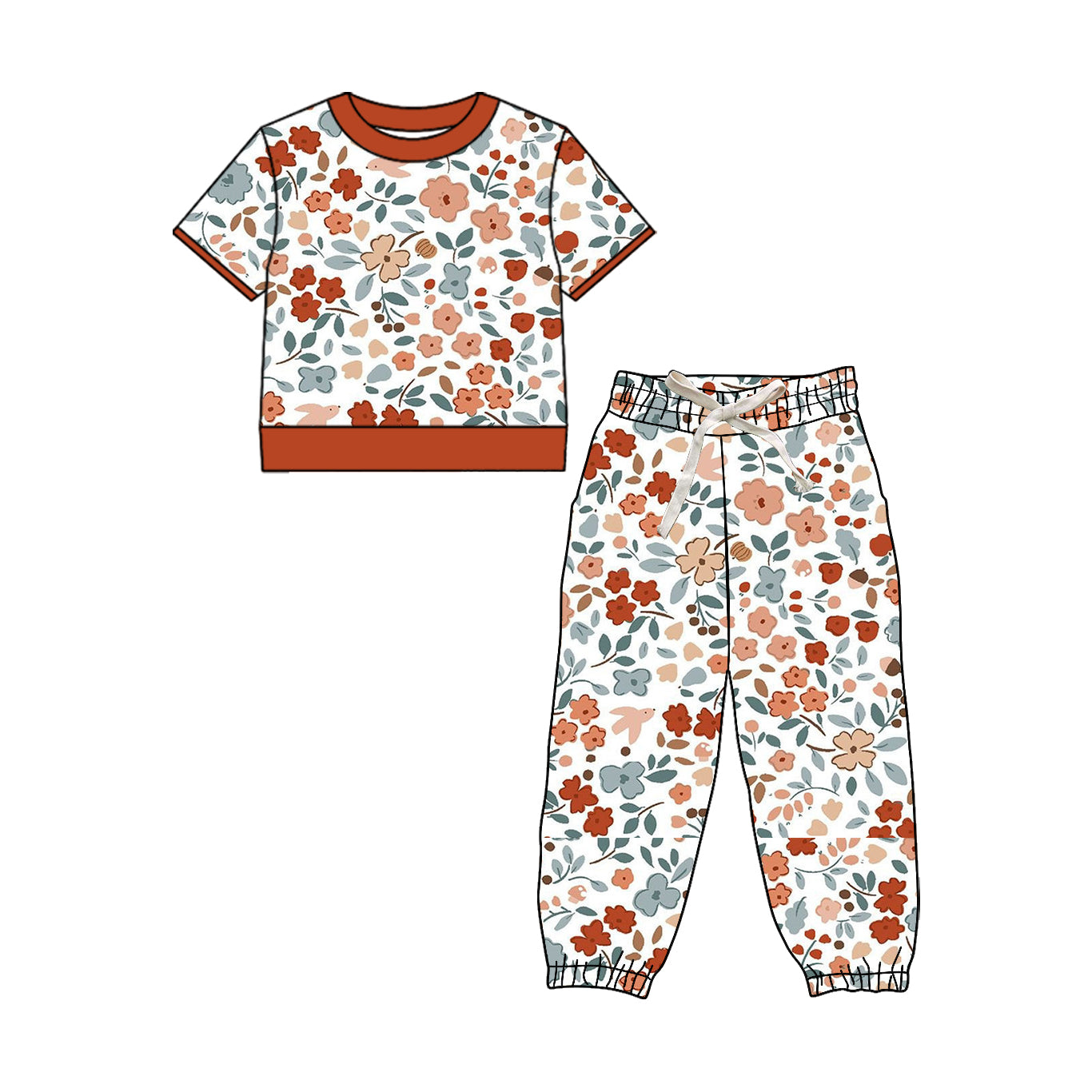 Preorder (moq 5)Baby Girls Short Sleeve Colorful Flowers Top Jogger Pant Clothes Sets