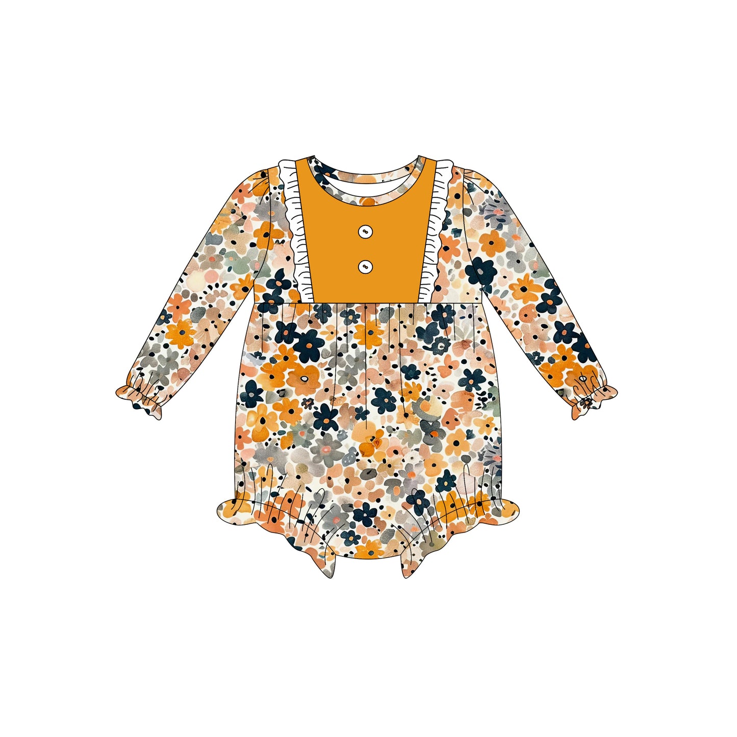 Preorder (moq 5)Baby Girls Long Sleeves Blue Yellow Floral Button Ruffle Romper