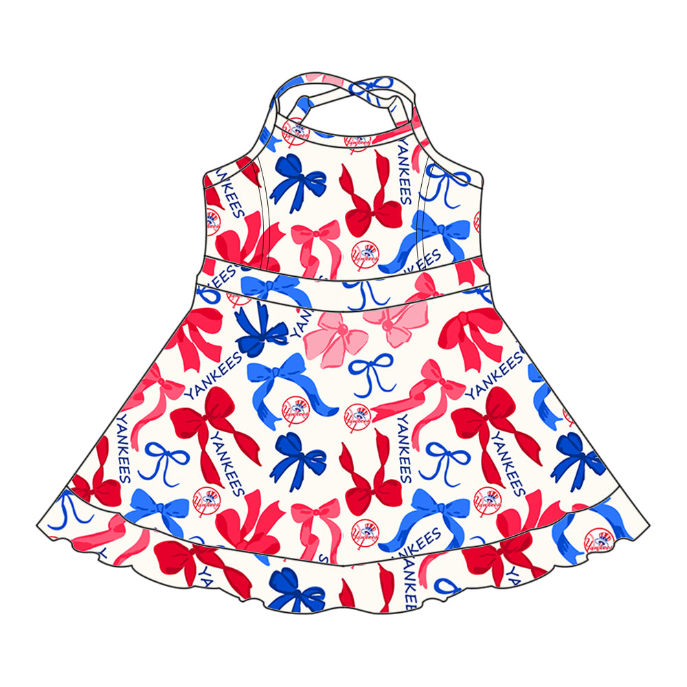 Preorder (moq 5)Baby Girls Strap Red Blue Bows Plaid Yankees Short Ruffle Team Knee Length Dresses