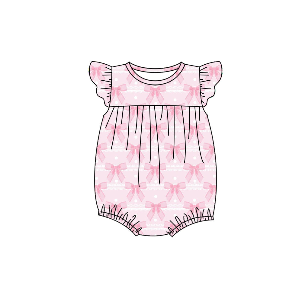 Preorder (moq 5)Baby Girls Flutter Sleeve Pink Bows Polka Dots Ruffle Rompers