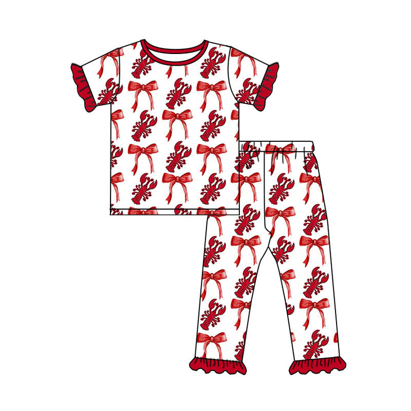 Preorder(moq 8)Baby Girls Red Bows Crayfishes Plaid Top Ruffle Pant Pajamas Sets