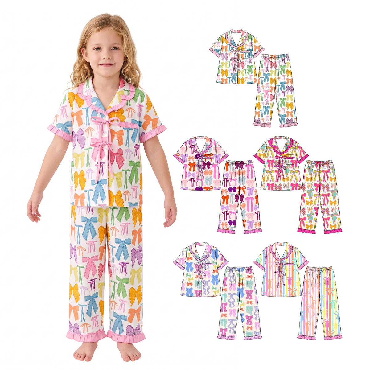 Preorder (moq 5) Baby Girl Clothes Neon Glitter Bow Star Mixed Print Short Sleeve Ruffle Pajama Set