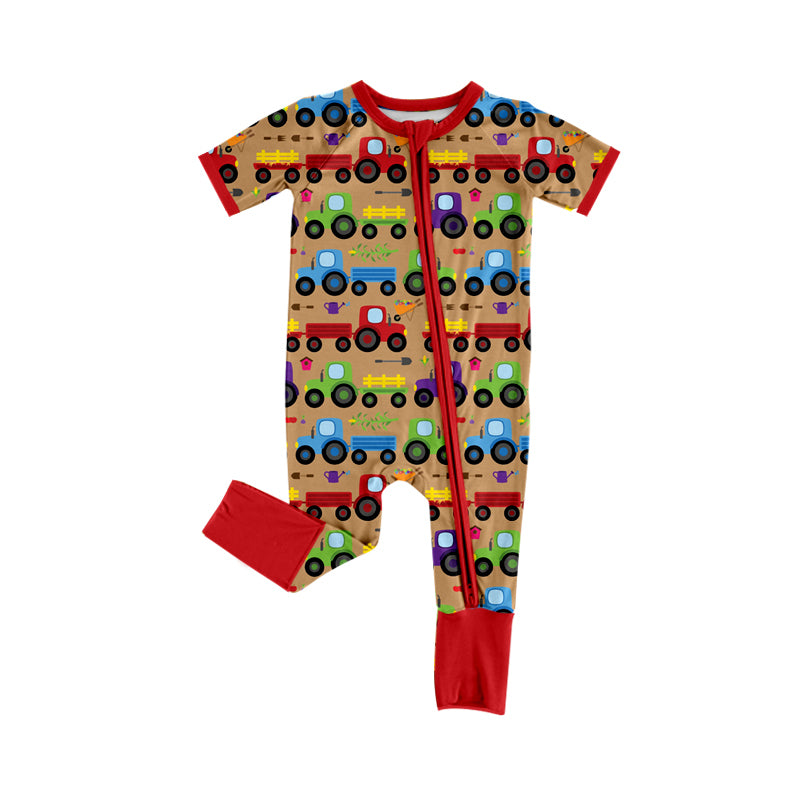 preorder(moq 5) Baby Boys Trucks Farm Two Way Zip Convertible Rompers