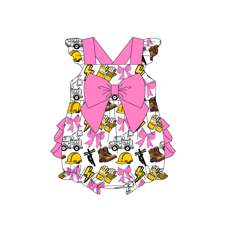 Preorder (moq 5)Baby Girls Hot Pink Flutter Sleeves Line Men Bows Ruffle Bubble Rompers