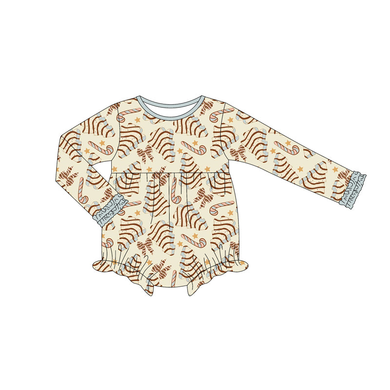 Preorder (moq 5)Baby Girls Long Sleeves Yellow Trees Bows Candy Cane Ruffle Romper