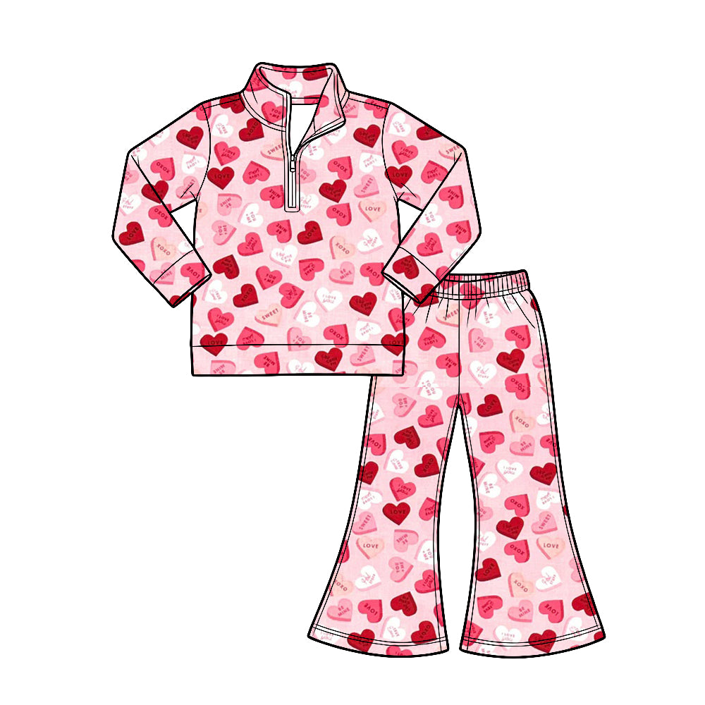Preorder (moq 5) Girl clothes Watercolor Valentine Heart Long Sleeve 1/4 Zip Pullover Flare Pants 2‑Piece Outfit Set