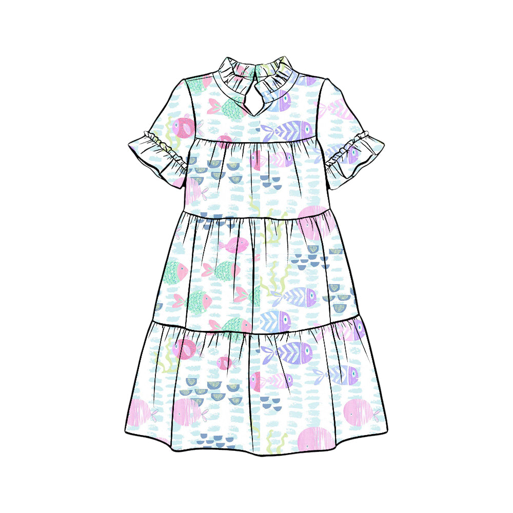 Preorder (moq 5)Baby Girls Colorful Fishes Sea World Patchwork Knee Length Dresses