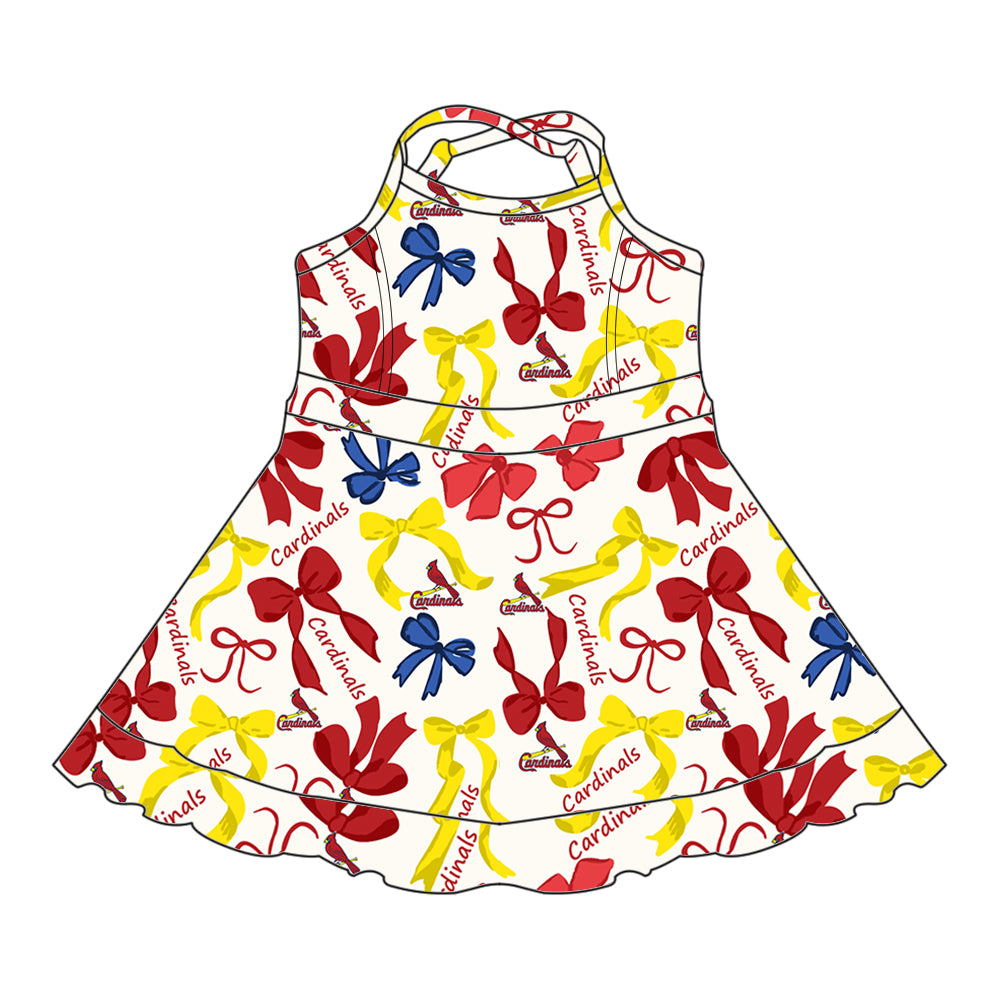 Preorder (moq 5)Baby Girls Strap Red Yellow Bows Plaid Cardinals Short Ruffle Team Knee Length Dresses